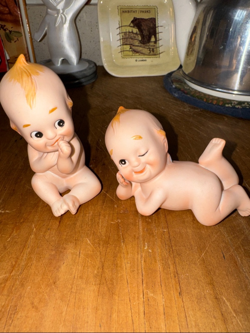 Kewpie-Style Ceramic Figurine Set - Peach with Orange Hair